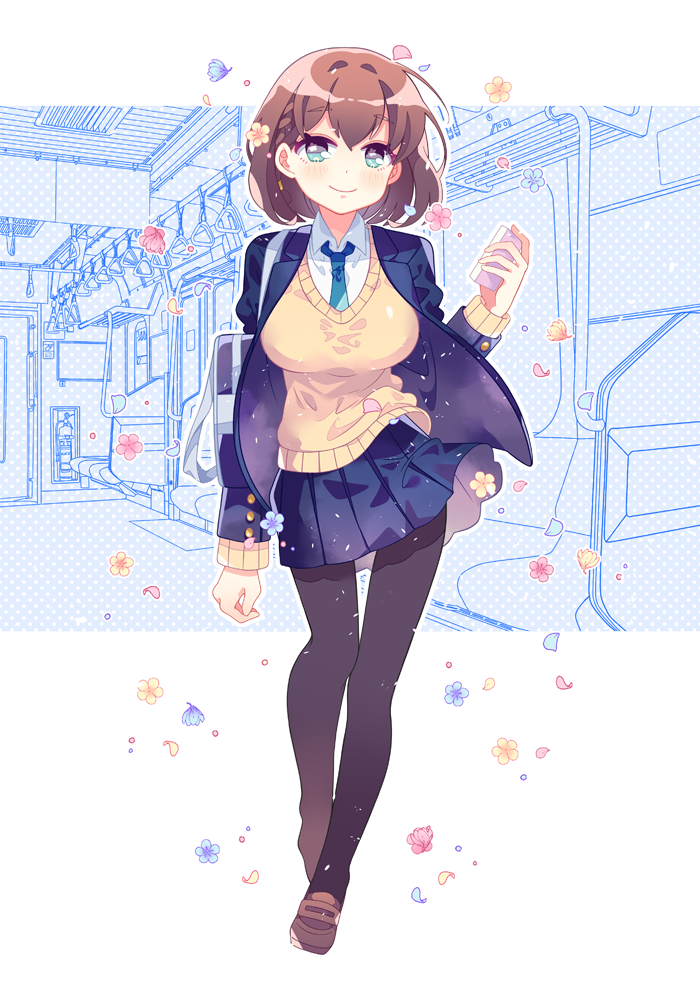 ai-chan_(tawawa) arm_at_side bag black_legwear blazer blue_eyes blue_skirt blush braid breasts brown_footwear brown_hair closed_mouth collared_shirt eyebrows_visible_through_hair full_body getsuyoubi_no_tawawa holding ie_(nyj1815) jacket large_breasts loafers long_sleeves necktie open_blazer open_clothes open_jacket pantyhose petals pleated_skirt school_bag school_uniform shirt shoes short_hair skirt smile solo standing sweater_vest train_interior white_shirt wing_collar yellow_sweater_vest