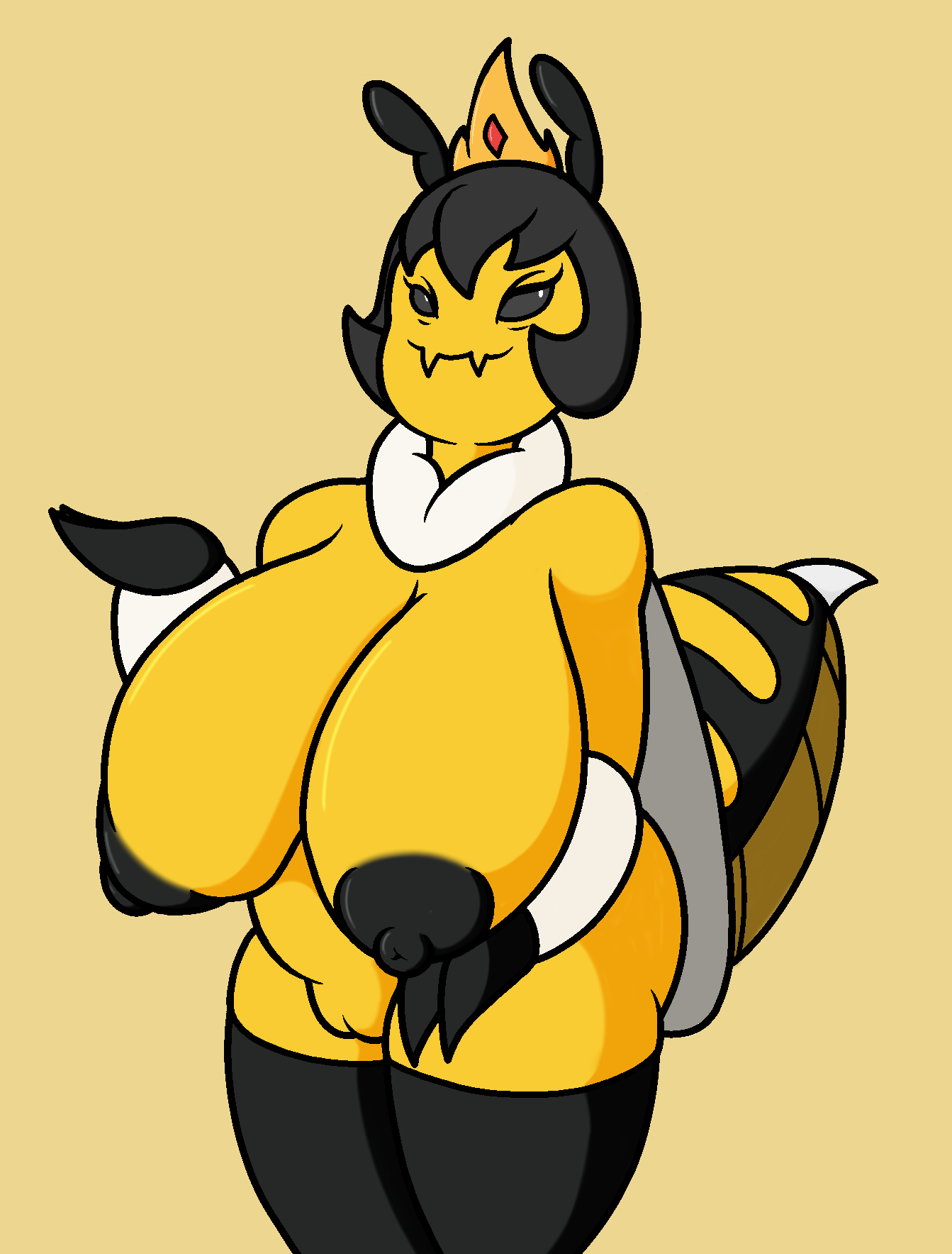2018 antennae anthro areola arthropod bee big_breasts breasts crown digital_media_(artwork) female huge_breasts insect looking_at_viewer mr.under nipples pussy royal royalty sagging_breasts simple_background smile solo thick_thighs wide_hips wings