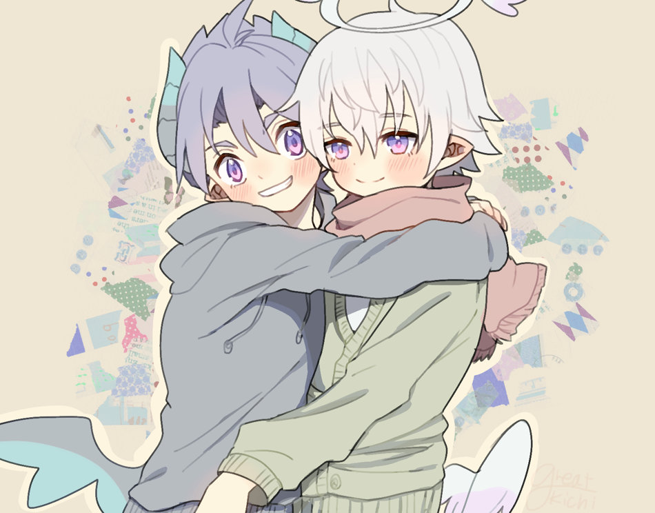 angel angel_and_devil angel_wings blue_hair blush cardigan demon_boy demon_wings great_kichi grin halo hood hoodie horns hug looking_at_viewer low_wings luke_venus male_focus mini_wings multiple_boys pointy_ears pop-up_story purple_eyes scarf silver_hair smile wings ziz_glover