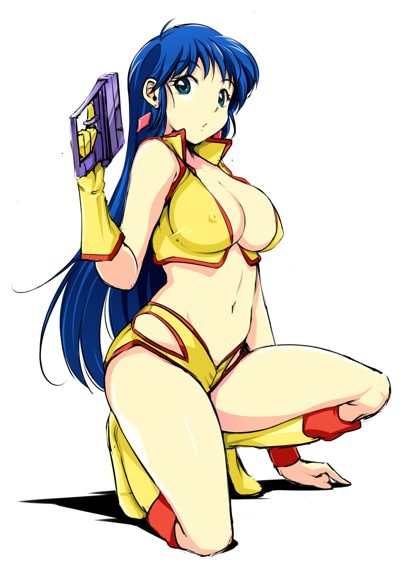 arm_up blue_eyes blue_hair boots bracelet breasts cleavage commentary_request covered_nipples crop_top dirty_pair earrings eyebrows_visible_through_hair gloves gun holding holding_gun holding_weapon jewelry katori_(mocchidou) knee_boots large_breasts long_hair looking_at_viewer midriff navel one_knee raised_eyebrows short_shorts shorts single_glove solo thighs weapon white_background yellow_footwear yellow_gloves yuri_(dirty_pair)