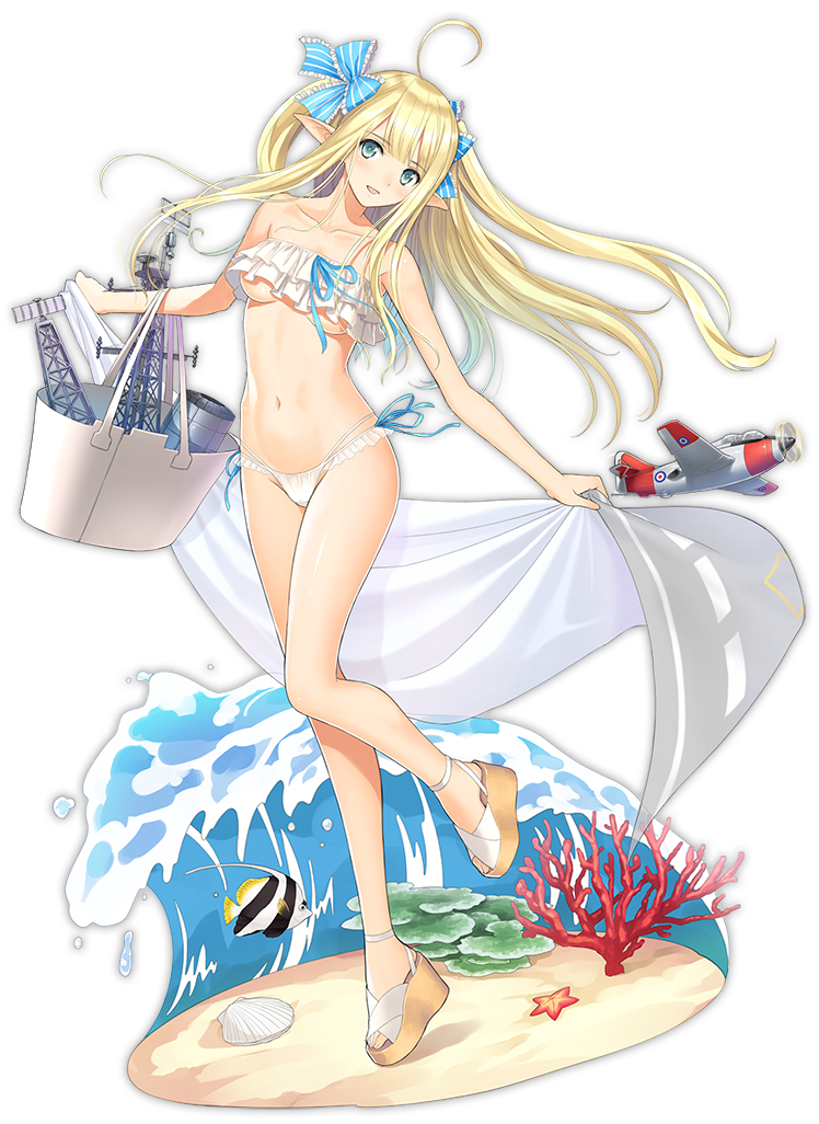 azur_lane bag bangs bare_shoulders bikini blonde_hair blue_eyes bow breasts centaur_(azur_lane) collarbone coral eyebrows_visible_through_hair fish full_body gannet_(airplane) green_eyes hair_bow holding leg_up long_hair looking_at_viewer medium_breasts navel official_art open_mouth open_toe_shoes platform_footwear pointy_ears seashell shell shiny shiny_hair sidelocks smile solo starfish strapless swimsuit tanaka_takayuki transparent_background tubetop underboob water wedge_heels white_bikini