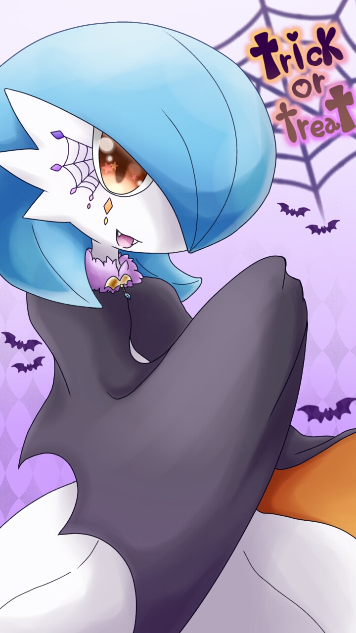 1girl alternate_color argyle argyle_background bat black_cape blue_hair cape creatures_(company) english_text facial_tattoo fangs female game_freak gardevoir gen_3_pokemon gradient gradient_background hair_over_one_eye halloween hand_up happy heart highres looking_at_viewer muguet nintendo no_humans open_mouth orange_eyes pokemon pokemon_(creature) purple_background shiny_pokemon short_hair silk smile solo spider_web standing star tattoo text_focus trick_or_treat