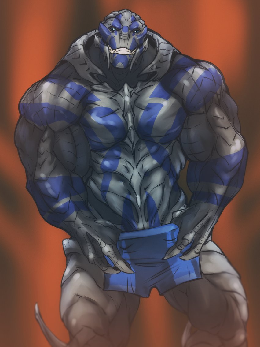 abs alien anthro biceps big_muscles blue_eyes blue_skin claws clothing convenient_censorship grey_skin looking_at_viewer mal_ek male mass_effect muscular muscular_male open_mouth pecs simple_background smile solo standing teeth turian underwear video_games wardrobe_malfunction