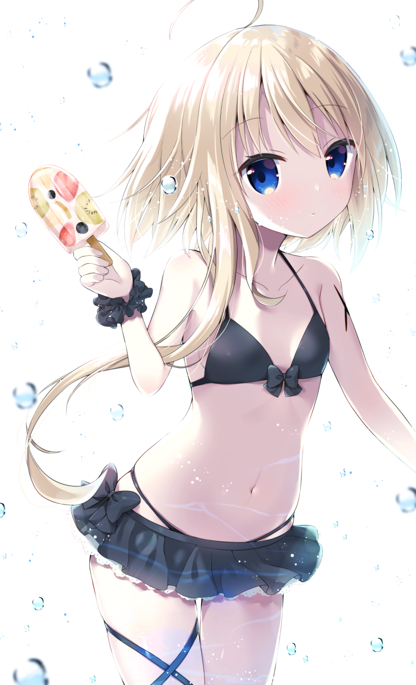 ahoge asymmetrical_hair bangs bare_shoulders bikini bikini_skirt black_bikini black_bow black_scrunchie blonde_hair blue_eyes blush bow breasts closed_mouth collarbone commentary cowboy_shot eyebrows_visible_through_hair food hair_between_eyes highres holding holding_food long_hair looking_at_viewer navel original popsicle scrunchie short_hair_with_long_locks sidelocks simple_background small_breasts solo standing swimsuit thigh_gap tia-chan uchuuneko very_long_hair white_background wrist_scrunchie