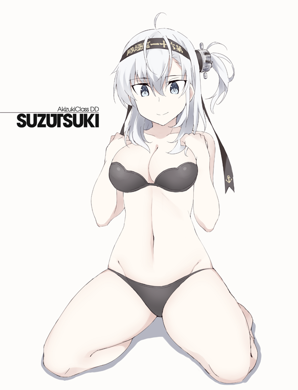 bad_id bad_twitter_id bikini black_bikini black_headband breasts character_name cleavage clothes_writing collarbone full_body grey_background grey_eyes hachimaki headband kantai_collection kneeling large_breasts long_hair looking_down navel one_side_up silver_hair solo souji suzutsuki_(kantai_collection) swimsuit