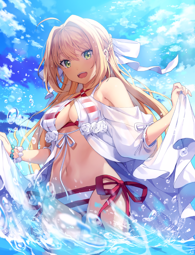 :d bare_shoulders bikini blonde_hair blue_sky bow braid breasts cleavage cloud commentary criss-cross_halter day fate/grand_order fate_(series) flower green_eyes hair_bow hair_intakes halterneck holding kim_bae-eo long_hair looking_at_viewer medium_breasts navel nero_claudius_(fate)_(all) nero_claudius_(swimsuit_caster)_(fate) open_mouth outdoors puffy_short_sleeves puffy_sleeves rose see-through short_sleeves side-tie_bikini sky smile solo standing striped striped_bikini swimsuit very_long_hair wading water white_bow white_flower white_rose