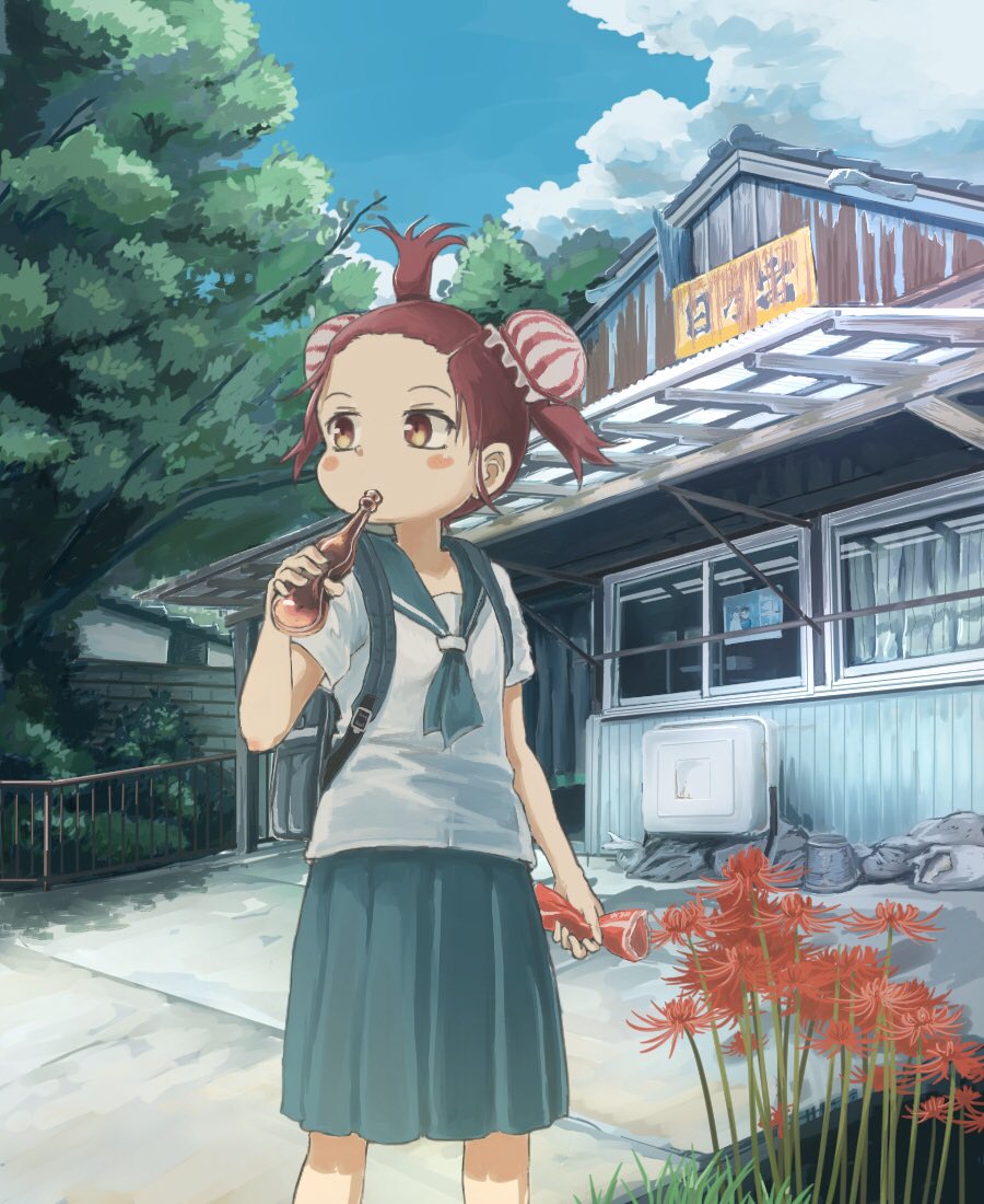 backpack bag blue_neckwear blue_sailor_collar blue_skirt blue_sky blush building bun_cover cloud cloudy_sky commentary_request day drinking fence flower forehead holding kamemaru neckerchief original outdoors pleated_skirt red_flower red_hair sailor_collar school_uniform serafuku shirt skirt sky solo spider_lily standing topknot tree twintails white_shirt yellow_eyes