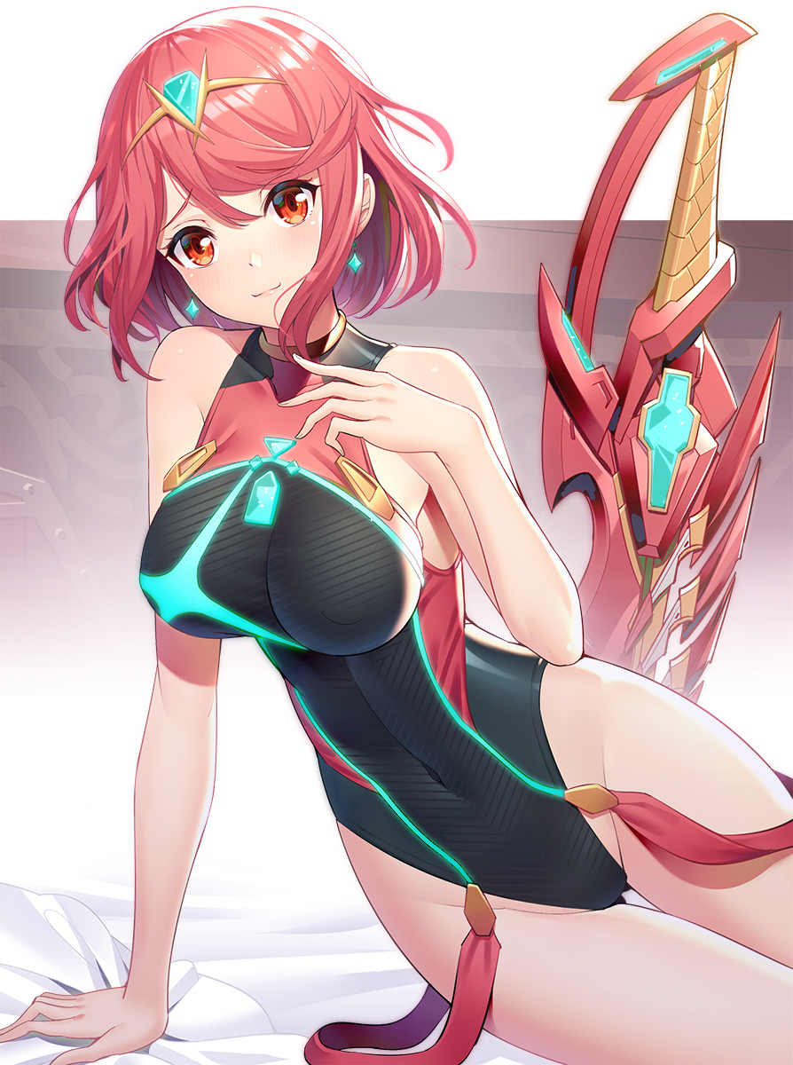 arm_support ass_visible_through_thighs bangs bare_arms bare_shoulders blush breasts closed_mouth commentary covered_navel covered_nipples earrings hand_up highleg highleg_swimsuit highres homura_(xenoblade_2) jewelry large_breasts leaning_to_the_side light_smile looking_at_viewer one-piece_swimsuit red_eyes red_hair ririko_(zhuoyandesailaer) short_hair sidelocks solo swept_bangs swimsuit sword thigh_gap tiara weapon xenoblade_(series) xenoblade_2