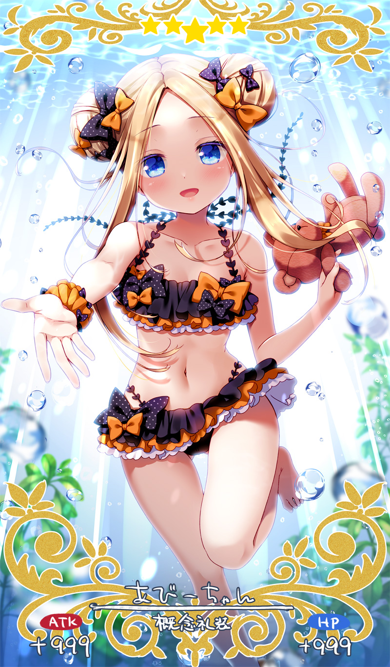 :d abigail_williams_(fate/grand_order) air_bubble ass_visible_through_thighs barefoot bikini black_bow blonde_hair blue_eyes bow bubble card_(medium) card_parody collarbone double_bun emerald_float eyebrows_visible_through_hair fate/grand_order fate_(series) frilled_bikini frills hair_bow highres light_rays long_hair looking_at_viewer multicolored multicolored_bikini multicolored_clothes navel open_mouth orange_bow outstretched_arm polka_dot polka_dot_bow sasai_saji scrunchie seaweed smile solo stuffed_animal stuffed_toy sunbeam sunlight swimsuit teddy_bear thigh_gap translation_request underwater wrist_scrunchie