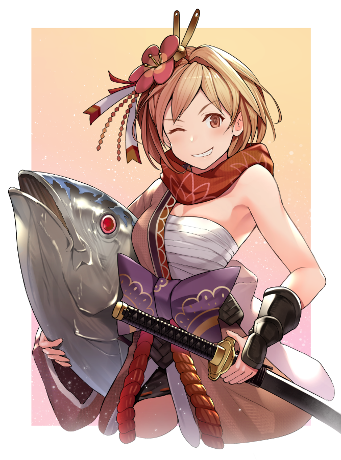;d animal armpits bandages bare_shoulders blonde_hair bow breasts brown_eyes commentary_request cropped_legs djeeta_(granblue_fantasy) floral_print flower gradient gradient_background granblue_fantasy grin hadanugi_dousa hair_flower hair_ornament hinami_(hinatamizu) holding holding_animal holding_sword holding_weapon japanese_clothes katana kengou_(granblue_fantasy) kimono large_bow looking_at_viewer medium_breasts one_eye_closed open_clothes open_kimono open_mouth pink_background pink_kimono print_scarf purple_bow red_flower red_scarf rope sarashi scarf sheath sheathed shiny shiny_hair short_hair single_hair_intake smile solo sword teeth tuna vambraces weapon