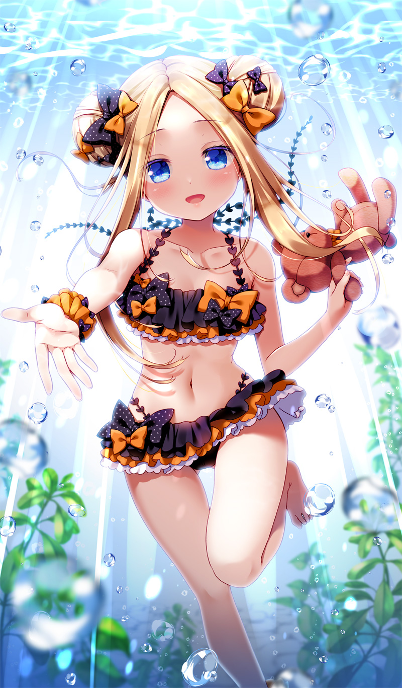 :d abigail_williams_(fate/grand_order) air_bubble ass_visible_through_thighs barefoot bikini black_bow blonde_hair blue_eyes bow bubble collarbone commentary_request double_bun emerald_float eyebrows_visible_through_hair fate/grand_order fate_(series) frilled_bikini frills hair_bow highres light_rays long_hair looking_at_viewer multicolored multicolored_bikini multicolored_clothes navel open_mouth orange_bow outstretched_arm polka_dot polka_dot_bow sasai_saji scrunchie seaweed smile solo stuffed_animal stuffed_toy sunbeam sunlight swimsuit teddy_bear thigh_gap underwater wrist_scrunchie