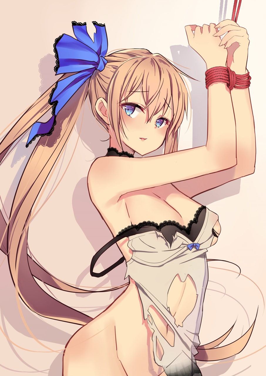 ahoge armpits bad_id bad_pixiv_id bangs bdsm black_bra blonde_hair blue_eyes blush bondage bound bound_wrists bow bra breasts choker cleavage commentary dress eyebrows_visible_through_hair fal_(girls_frontline) girls_frontline goyain groin highres large_breasts long_hair looking_at_viewer navel off_shoulder restrained see-through_silhouette side_ponytail solo stomach torn_clothes torn_dress underwear very_long_hair