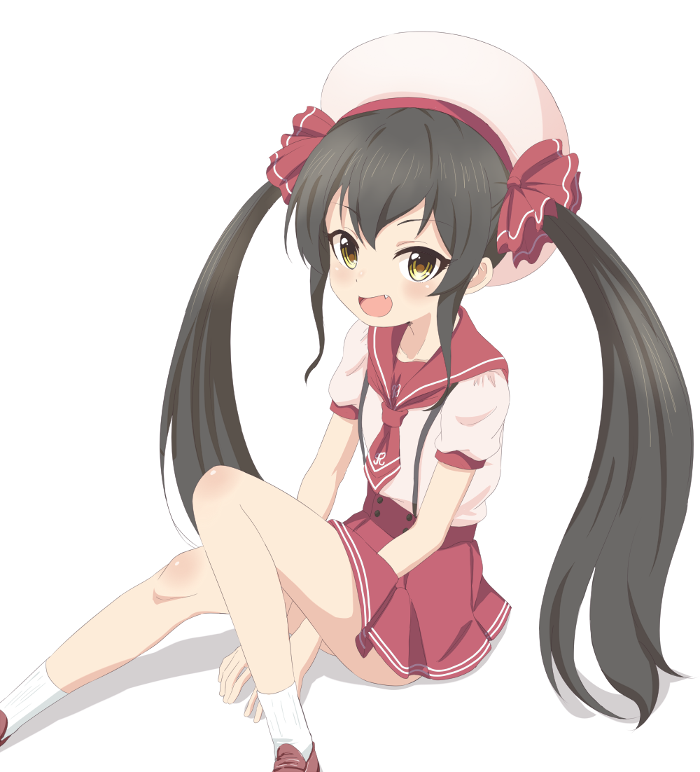 :d bangs between_legs black_hair blush brown_eyes brown_footwear commentary_request eyebrows_visible_through_hair fang hair_between_eyes hair_ribbon hand_between_legs idolmaster idolmaster_cinderella_girls loafers long_hair matoba_risa necktie open_mouth pink_skirt pleated_skirt puffy_short_sleeves puffy_sleeves red_neckwear red_ribbon red_sailor_collar red_skirt ribbon sailor_collar school_uniform serafuku shoes short_necktie short_sleeves sidelocks sitting skirt smile socks solo trg-_(sain) twintails very_long_hair white_legwear