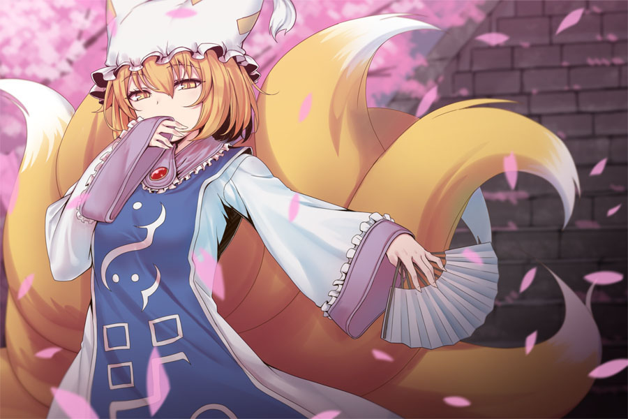 blonde_hair cherry_blossoms covered_mouth dress fan folding_fan fox_tail hat kitsune long_sleeves multiple_tails nyifu ofuda petals pillow_hat short_hair tabard tail touhou wide_sleeves yakumo_ran yellow_eyes