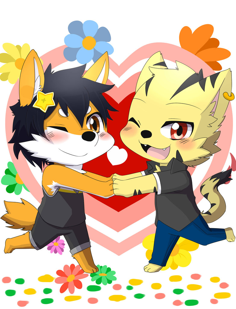 &lt;3 2014 3_toes anthro anthro_on_anthro barefoot biped black_fur black_hair black_nose blush brown_eyes canine cat cheek_tuft chibi clothed clothing cute cute_fangs dipstick_tail duo ear_piercing fangs feline flower fox fully_clothed fur fur_markings hair hand_holding happy head_tuft inner_ear_fluff interspecies jewelry looking_at_viewer male male/male mammal markings multicolored_fur multicolored_tail on_one_leg one_eye_closed open_mouth open_smile orange_fur pants pattern_background piercing plant red_eyes romantic_couple saku1saya shirt shorts simple_background sleeveless smile standing star stripes tan_fur teeth toes tuft two_tone_fur white_fur wink