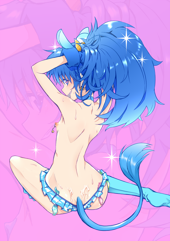 animal_ears arms_up ass back bikini_bottom blue_bikini_bottom blue_choker blue_eyes blue_hair choker condom cum cum_on_body cum_on_upper_body cure_gelato extra_ears frilled_bikini_bottom frills from_behind heart heart-shaped_pupils kirakira_precure_a_la_mode lion_ears lion_tail long_hair looking_at_viewer looking_back magical_girl mouth_hold nipple_piercing nipples piercing pink_background precure shiny shiny_hair shiny_skin sitting smile solo sweat swimsuit symbol-shaped_pupils tail tategami_aoi topless used_condom yuto_(dialique) zoom_layer
