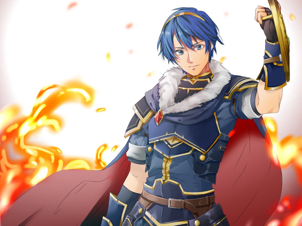 armor blue_eyes blue_hair cape falchion_(fire_emblem) fire fire_emblem fire_emblem:_monshou_no_nazo fire_emblem_heroes gloves looking_at_viewer male_focus marth short_hair simple_background smile solo tiara weapon white_background yuu_(ranranran1028)