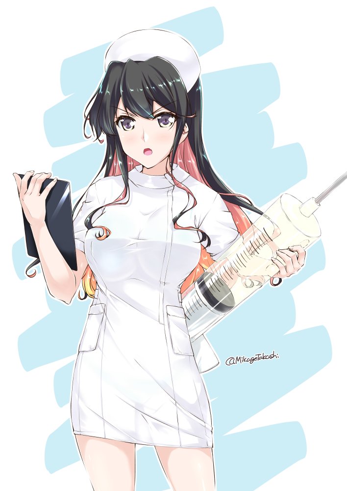 alternate_costume black_hair blue_bra blue_panties bra breasts clipboard commentary_request hat kantai_collection large_breasts large_syringe long_hair looking_at_viewer mikage_takashi multicolored_hair naganami_(kantai_collection) nurse nurse_cap open_mouth oversized_object panties purple_eyes see-through solo syringe underwear