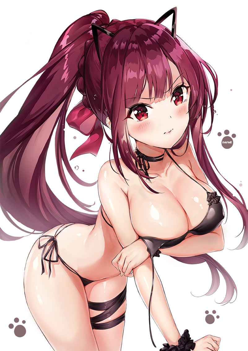 alternate_costume alternate_hairstyle artist_name ass bangs bikini black_bikini black_ribbon blush braid breasts cleavage closed_mouth collarbone commentary covered_nipples crown_braid embarrassed eyebrows_visible_through_hair floating_hair girls_frontline hair_ribbon large_breasts leaning_forward long_hair looking_at_viewer narae neck_ribbon paw_print ponytail purple_hair red_eyes red_ribbon ribbon scrunchie shiny shiny_skin side-tie_bikini sidelocks simple_background skindentation solo stomach swimsuit tearing_up thigh_strap thighs tsurime untied_bikini_top very_long_hair wa2000_(girls_frontline) wardrobe_malfunction white_background wrist_scrunchie