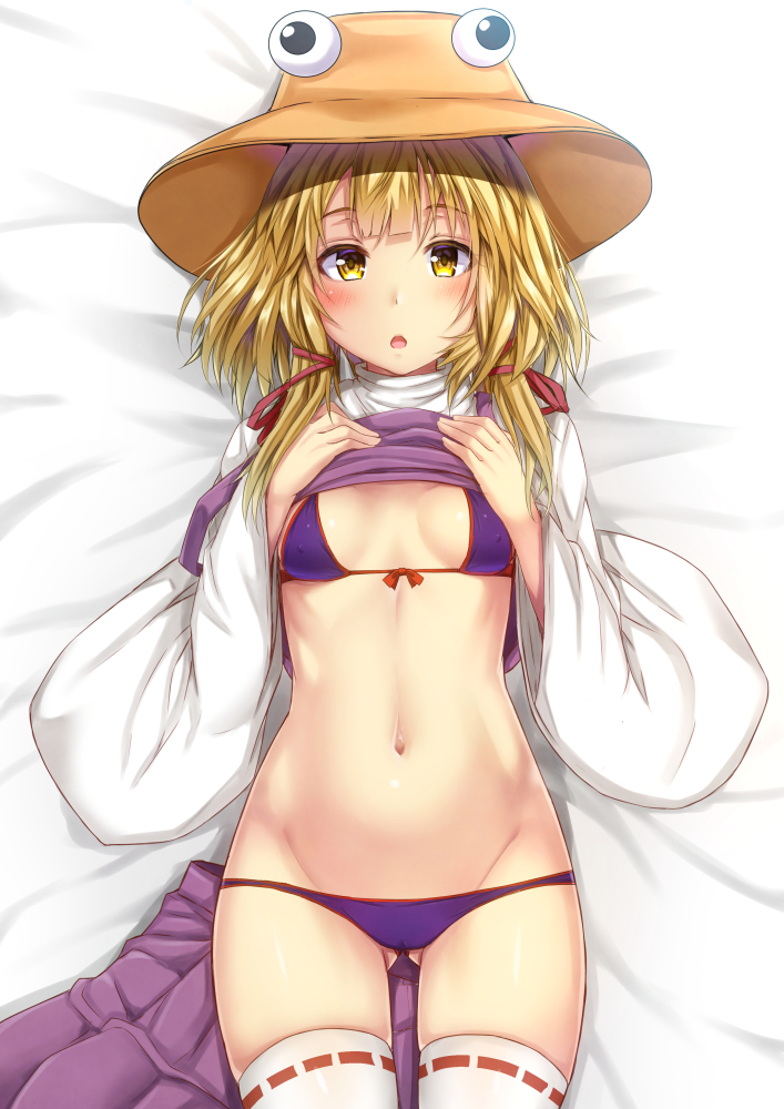 ass_visible_through_thighs bangs bed_sheet bikini blonde_hair blush breasts brown_hat cameltoe commentary_request covered_nipples cowboy_shot ebi_193 eyebrows_visible_through_hair front-tie_bikini front-tie_top groin hair_ribbon hands_up hat lifted_by_self long_sleeves looking_at_viewer lying moriya_suwako navel on_back open_mouth purple_bikini purple_skirt purple_vest red_ribbon ribbon ribbon-trimmed_legwear ribbon_trim shiny shiny_skin short_hair sidelocks skirt skirt_removed small_breasts solo stomach swimsuit thighhighs thighs touhou vest vest_lift white_legwear wide_sleeves yellow_eyes