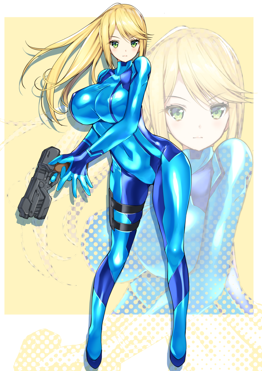 bangs blonde_hair blue_bodysuit bodysuit breasts closed_mouth commentary_request covered_navel covered_nipples expressionless eyebrows_visible_through_hair full_body green_eyes groin gun handgun high_ponytail highres holding holding_gun holding_weapon holster huge_breasts impossible_bodysuit impossible_clothes long_hair looking_at_viewer metroid ponytail samus_aran shiny shiny_clothes skin_tight solo standing swept_bangs tamiya_akito thigh_holster turtleneck weapon zero_suit