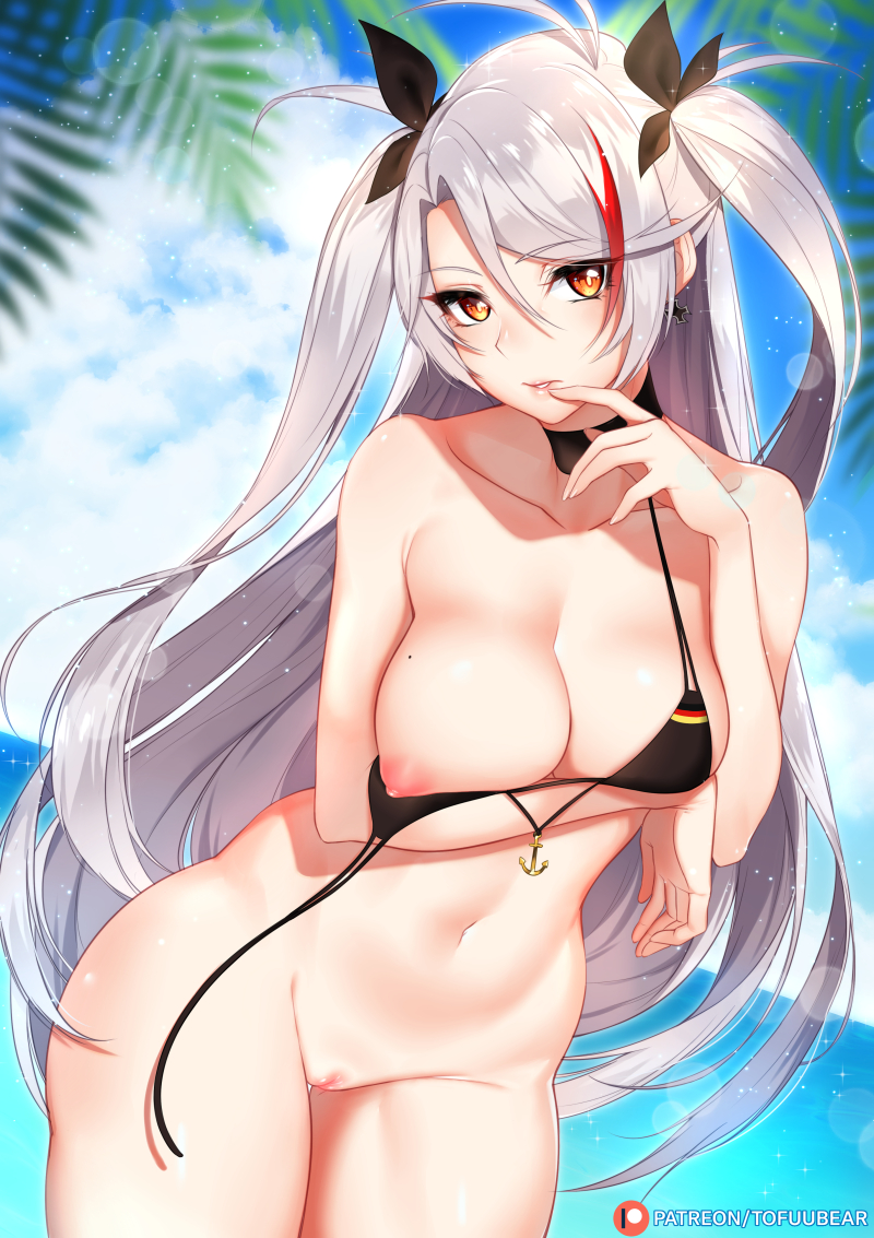alternate_costume areolae arm_support arm_under_breasts arm_up azur_lane bangs bare_shoulders bikini bikini_tug black_bikini black_choker blurry blurry_background blush bottomless breasts brown_eyes choker cleavage collarbone commentary cowboy_shot cross cross_earrings curvy day earrings eyebrows_visible_through_hair eyes_visible_through_hair finger_to_mouth groin hair_between_eyes head_tilt jewelry large_breasts leaning_forward light_particles long_hair looking_at_viewer mole mole_on_breast multicolored_hair navel nipples ocean outdoors palm_leaf patreon_username prinz_eugen_(azur_lane) pussy red_hair silver_hair skindentation solo sparkle stomach streaked_hair swimsuit thighs tofuubear two_side_up uncensored untied untied_bikini very_long_hair