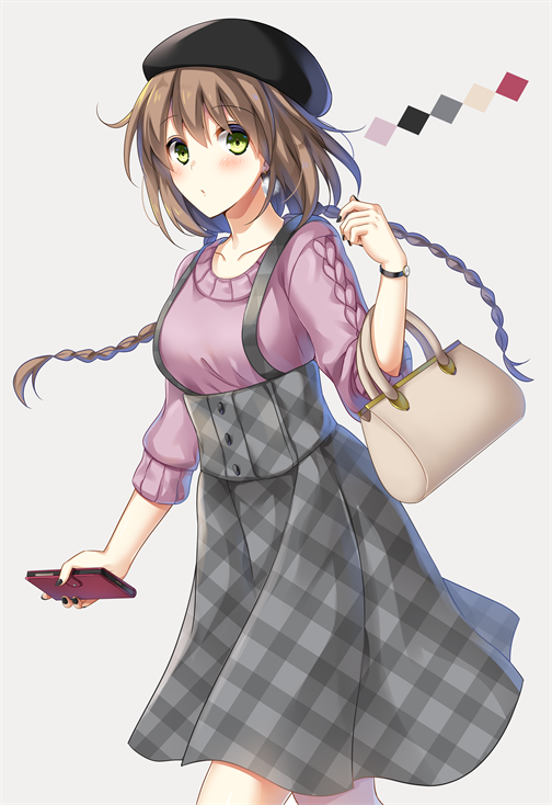 :/ bad_id bad_pixiv_id bag bangs beret black_hat black_nails black_skirt blush braid breasts brown_hair casual cellphone closed_mouth collarbone color_guide commentary_request earrings eyebrows_visible_through_hair feet_out_of_frame green_eyes grey_background hand_up handbag hat hayakawa_(hayakawa_illust) high-waist_skirt holding holding_phone jewelry long_hair looking_at_viewer medium_breasts nail_polish original partial_commentary phone plaid plaid_skirt pom_pom_earrings purple_sweater ribbed_sweater simple_background skirt smartphone solo suspender_skirt suspenders sweater twin_braids walking watch wristwatch
