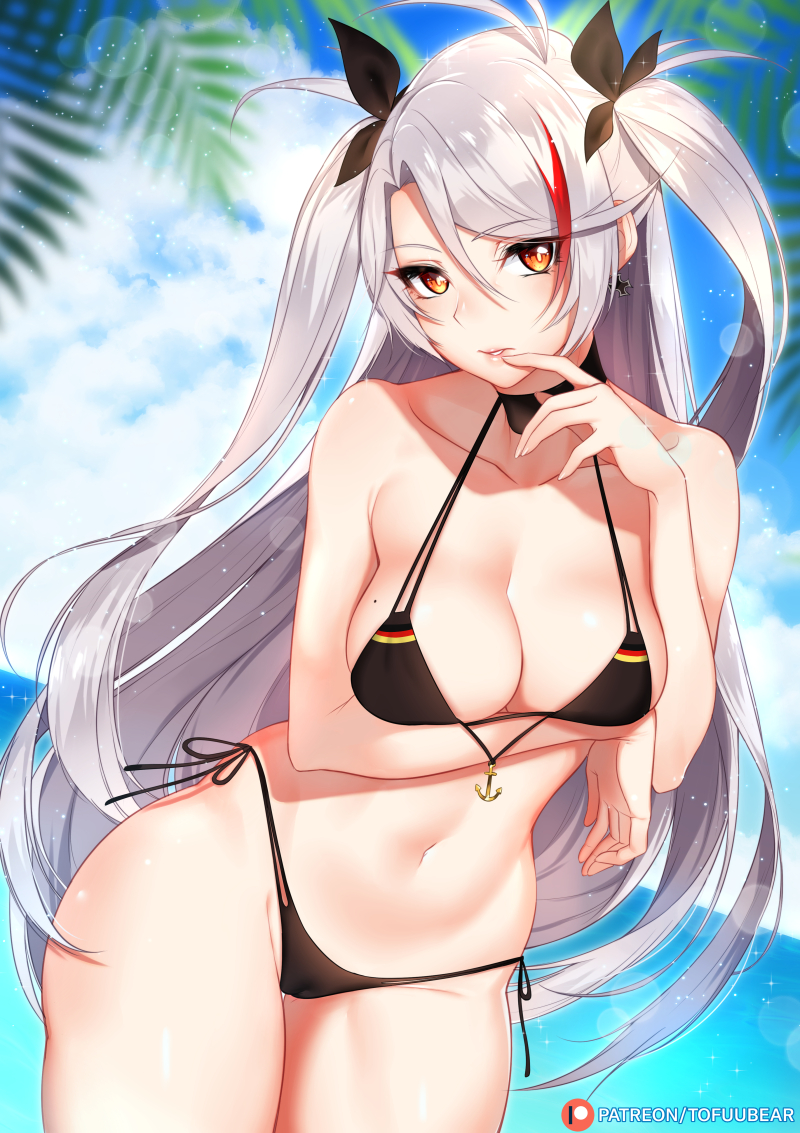 alternate_costume arm_support arm_under_breasts arm_up azur_lane bangs bare_shoulders bikini bikini_tug black_bikini black_choker blurry blurry_background blush breasts brown_eyes cameltoe choker cleavage collarbone commentary cowboy_shot cross cross_earrings curvy day earrings eyebrows_visible_through_hair eyes_visible_through_hair finger_to_mouth groin hair_between_eyes head_tilt jewelry large_breasts leaning_forward light_particles long_hair looking_at_viewer mole mole_on_breast multicolored_hair navel ocean outdoors palm_leaf patreon_username prinz_eugen_(azur_lane) red_hair side-tie_bikini silver_hair skindentation solo sparkle stomach streaked_hair swimsuit thighs tofuubear two_side_up very_long_hair