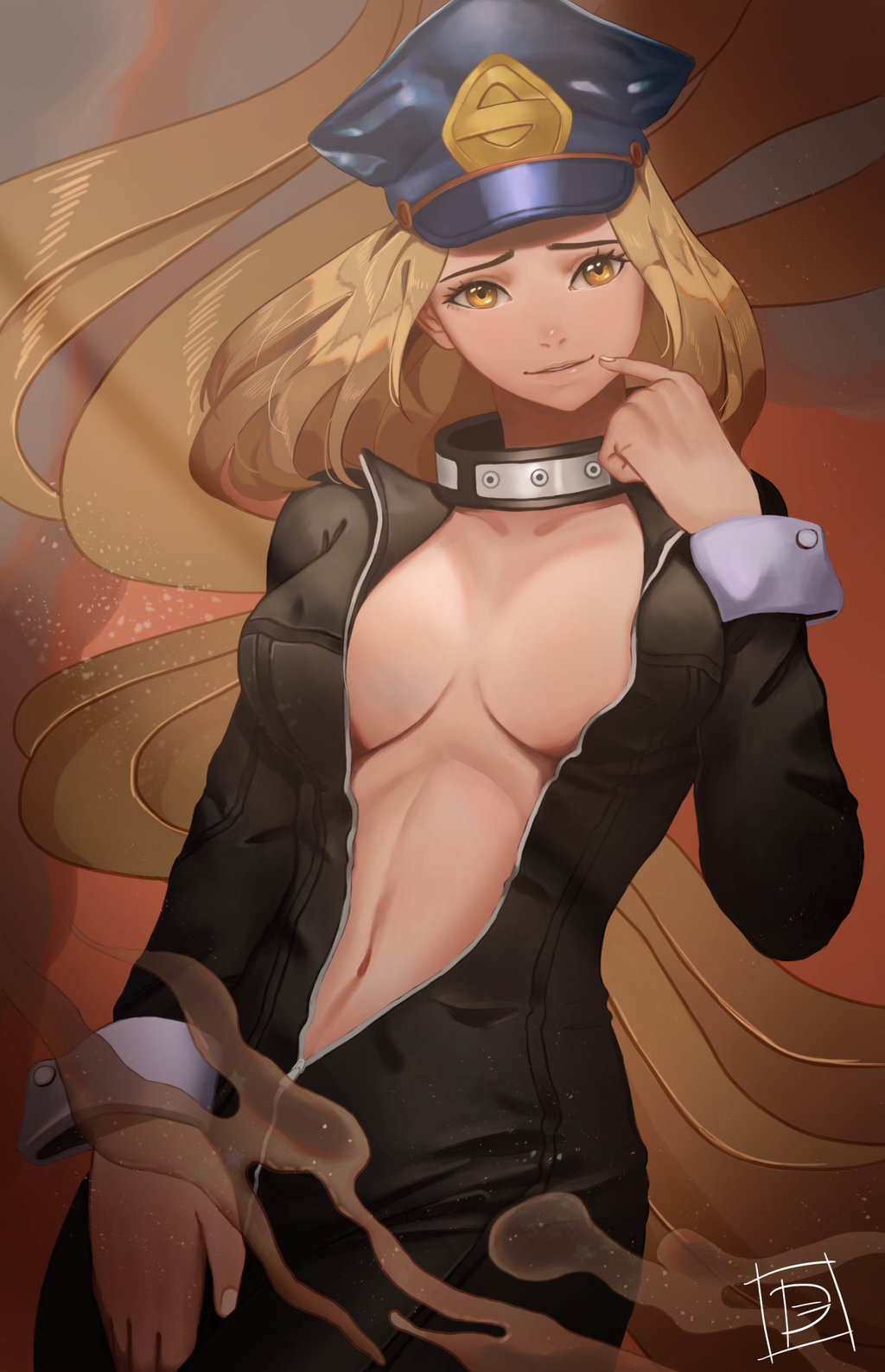 1girl black_bodysuit blonde_hair bodysuit boku_no_hero_academia breasts cleavage collar collarbone facing_viewer finger_to_mouth hat highres kemii_(boku_no_hero_academia) large_breasts lips long_hair looking_at_viewer navel no_bra parted_lips peaked_cap skin_tight smile solo standing unzipped utsushimi_kemii yellow_eyes ymslwn