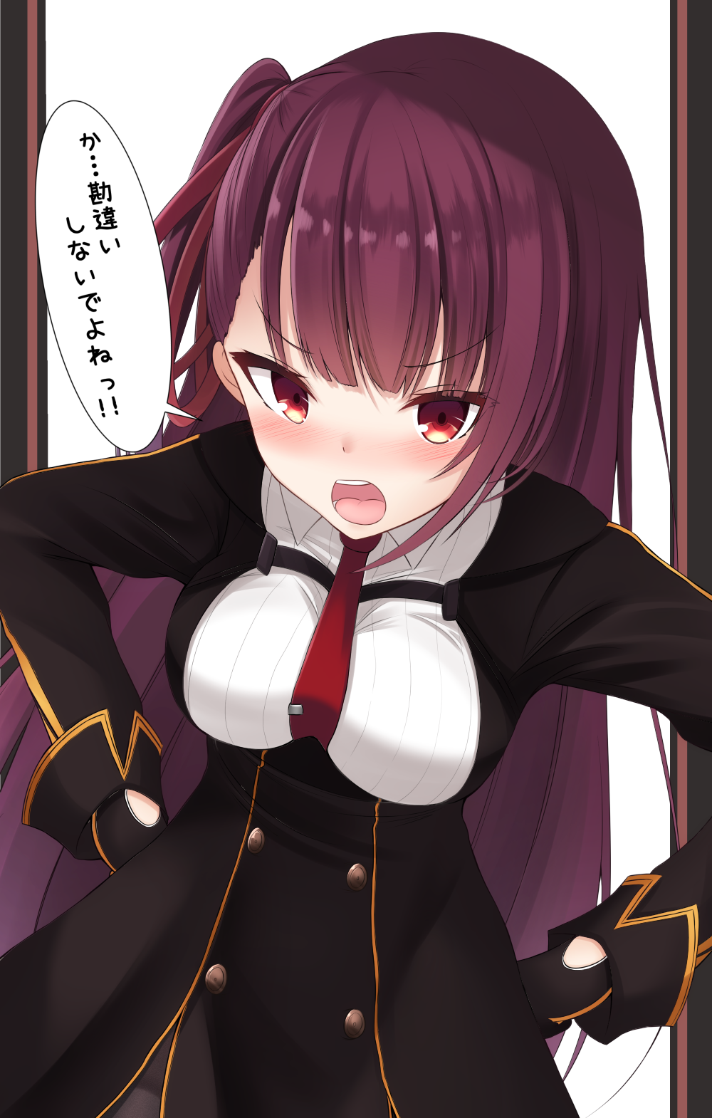 bangs black_legwear black_skirt blazer blush breasts commentary doyachii eyebrows_visible_through_hair girls_frontline gloves hair_ribbon half_updo hands_on_hips high-waist_skirt highres jacket large_breasts leaning_forward long_hair looking_at_viewer necktie one_side_up open_mouth pantyhose pelvic_curtain purple_hair red_eyes red_neckwear ribbon shirt sidelocks simple_background skirt solo strap striped striped_shirt taut_clothes tongue tsundere tsurime upper_teeth very_long_hair wa2000_(girls_frontline) white_shirt