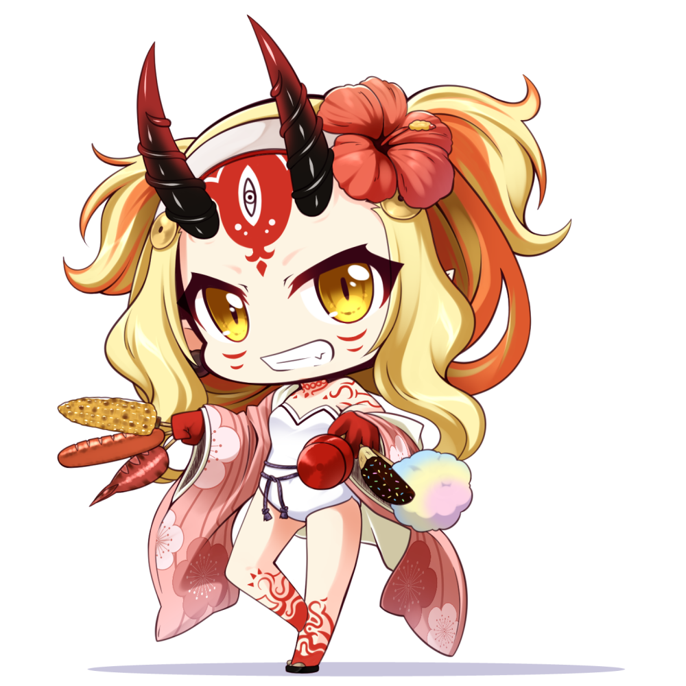 bangs bare_shoulders blonde_hair brown_eyes candy_apple chibi chocolate_banana corn cotton_candy facial_mark fang fate/grand_order fate_(series) floral_print flower food forehead_mark grin hair_flower hair_ornament holding holding_food horns ibaraki_douji_(fate/grand_order) ibaraki_douji_(swimsuit_lancer)_(fate) japanese_clothes kimono long_hair long_sleeves looking_at_viewer oni oni_horns open_clothes open_kimono parted_bangs pink_kimono print_kimono red_flower revision sausage shachoo. smile solo standing standing_on_one_leg strapless strapless_swimsuit swimsuit very_long_hair white_background white_swimsuit wide_sleeves