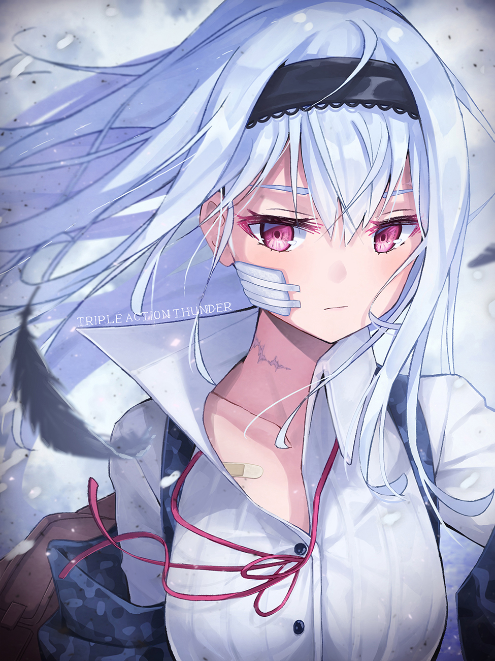 bandaid bangs black_gloves black_hairband black_jacket buttons character_name closed_mouth collared_shirt commentary expressionless feathers floating_hair gauze girls_frontline gloves hair_between_eyes hairband highres jacket light_blue_hair long_hair long_sleeves looking_at_viewer neck_ribbon neck_scar off_shoulder pot-palm red_eyes red_ribbon ribbon scar shirt sidelocks snow solo thunder_(girls_frontline) upper_body very_long_hair white_shirt wind