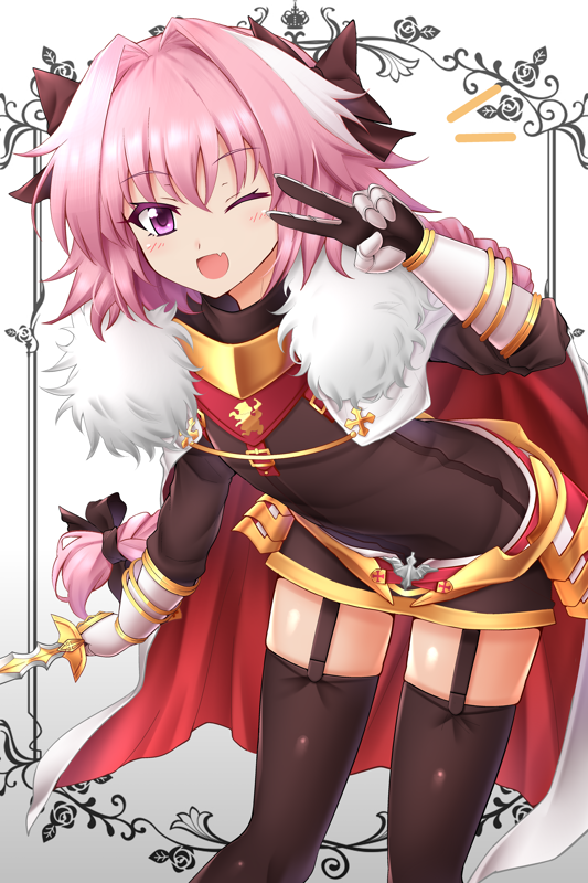 ;d astolfo_(fate) bangs black_bow black_legwear black_ribbon black_shirt blush bow braid buckle cape commentary_request cross eyebrows_visible_through_hair fang fate/apocrypha fate_(series) faulds frame fur-trimmed_cape fur_collar fur_trim garter_straps gauntlets gradient gradient_background grey_background hair_between_eyes hair_bow hair_intakes hair_ribbon hand_up holding holding_sword holding_weapon isa leaning_forward long_hair long_sleeves looking_at_viewer male_focus multicolored_hair one_eye_closed open_mouth otoko_no_ko pink_hair purple_eyes red_cape ribbon shiny shiny_hair shirt single_braid smile solo standing streaked_hair sword thighhighs v very_long_hair weapon white_background white_cape