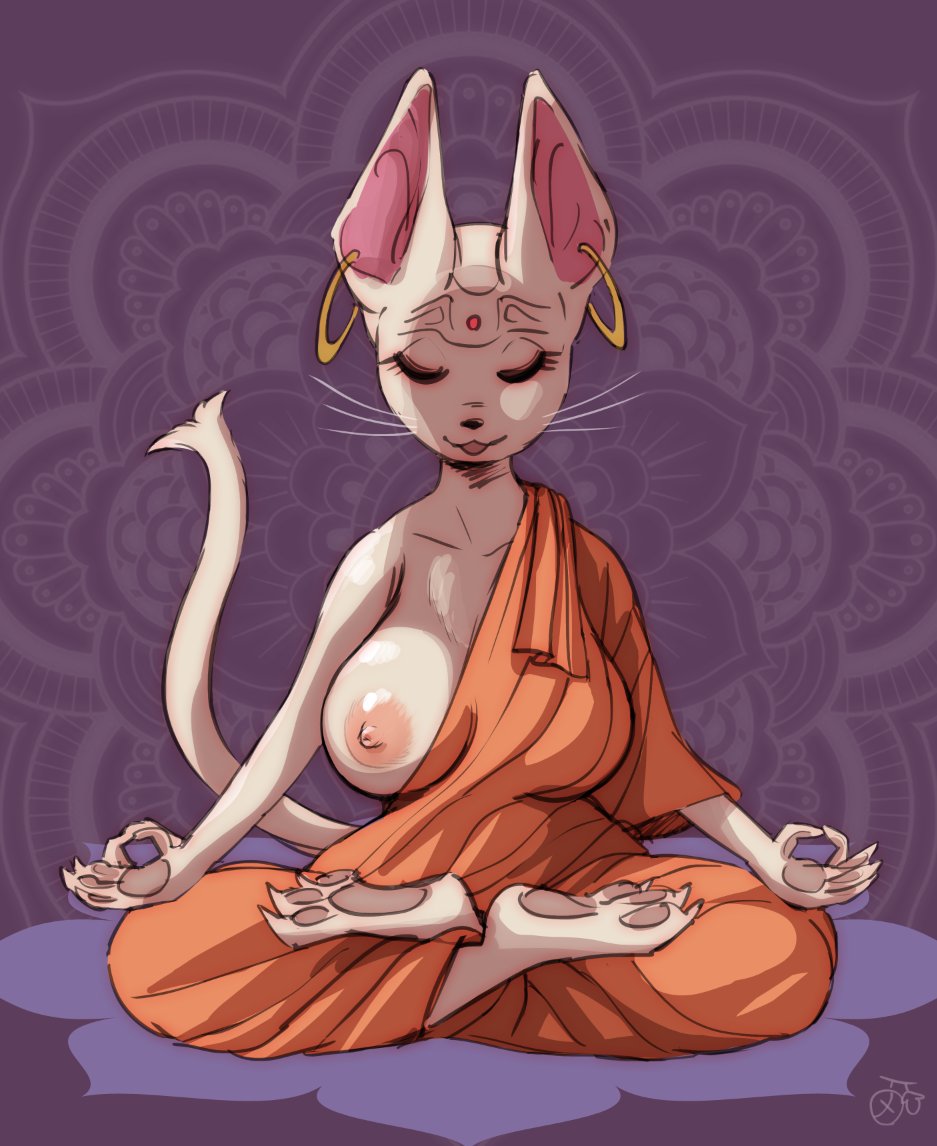 anthro big_breasts breasts claws clothing crossed_legs ear_piercing exposed_breasts eyes_closed feline female mammal meditating melonleaf monk one_breast_out open_mouth pawpads piercing robe sitting solo sphynx whiskers