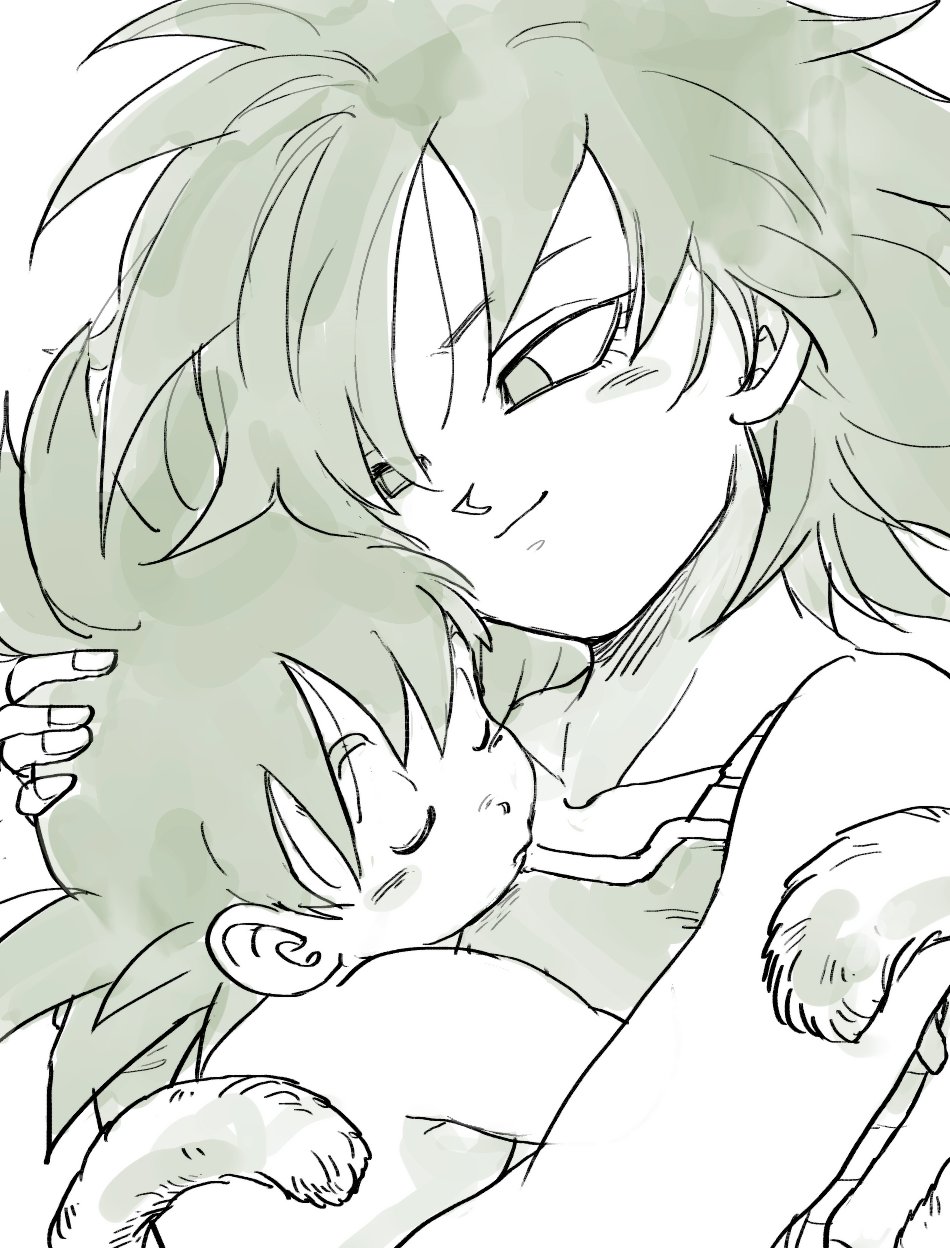 1girl armor baby bare_arms bare_shoulders black_hair carrying child_carry close-up closed_eyes commentary_request dragon_ball expressionless eyelashes fingernails gine greyscale hair_over_one_eye hand_on_another's_head highres hug looking_at_another monochrome mother_and_son short_hair simple_background sleeping smile son_gokuu spiked_hair tail tkgsize upper_body white_background
