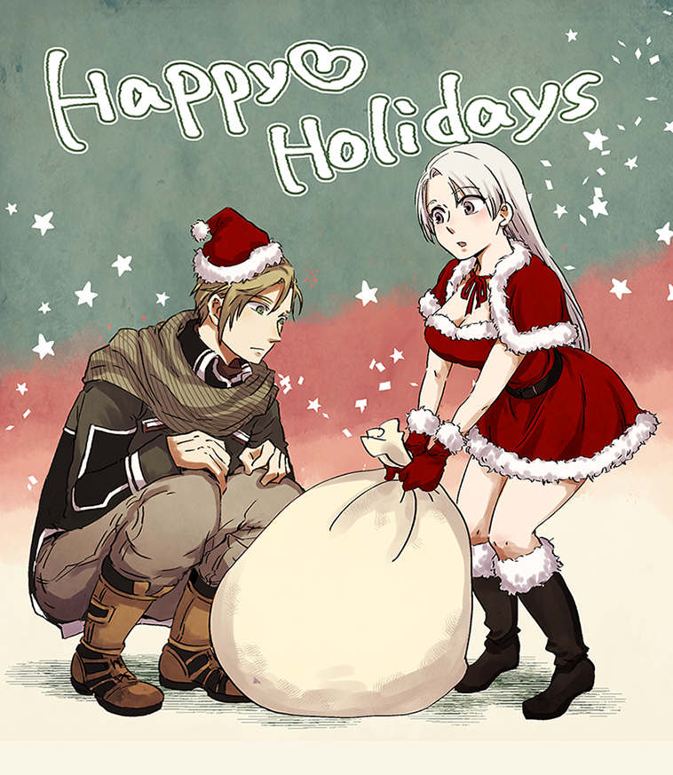 1girl breasts brown_hair chris_lightfellow christmas cleavage closed_mouth commentary_request gensou_suikoden gensou_suikoden_iii long_hair nash_latkje ruruo_(p76) short_hair silver_hair