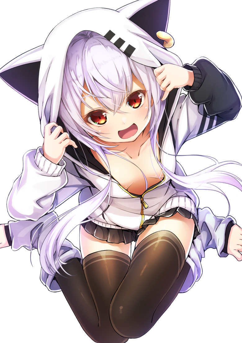 :d arms_up azuma_lim azuma_lim_channel bangs black_skirt blush breasts brown_legwear collarbone commentary downblouse ear_piercing hair_between_eyes hood hood_up hoodie long_hair long_sleeves matokechi open_mouth partially_unzipped piercing pleated_skirt puffy_long_sleeves puffy_sleeves purple_hair red_eyes simple_background sitting skirt sleeves_past_wrists small_breasts smile solo thighhighs toeless_legwear very_long_hair virtual_youtuber wariza white_background white_hoodie