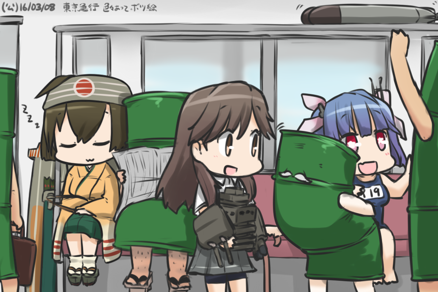 :3 :d arashio_(kantai_collection) bike_shorts blue_hair brown_eyes brown_hair cane cannon commentary_request dated drum_(container) facial_hair fang flight_deck geta hachimaki hair_ribbon hamu_koutarou headband hiryuu_(kantai_collection) i-19_(kantai_collection) kantai_collection long_hair machinery multiple_girls mustache name_tag newspaper open_mouth pun red_eyes ribbon school_swimsuit side_ponytail sleeping sleeping_upright smile star star-shaped_pupils suspenders swimsuit symbol-shaped_pupils teruyof torpedo train_interior tri_tails zzz