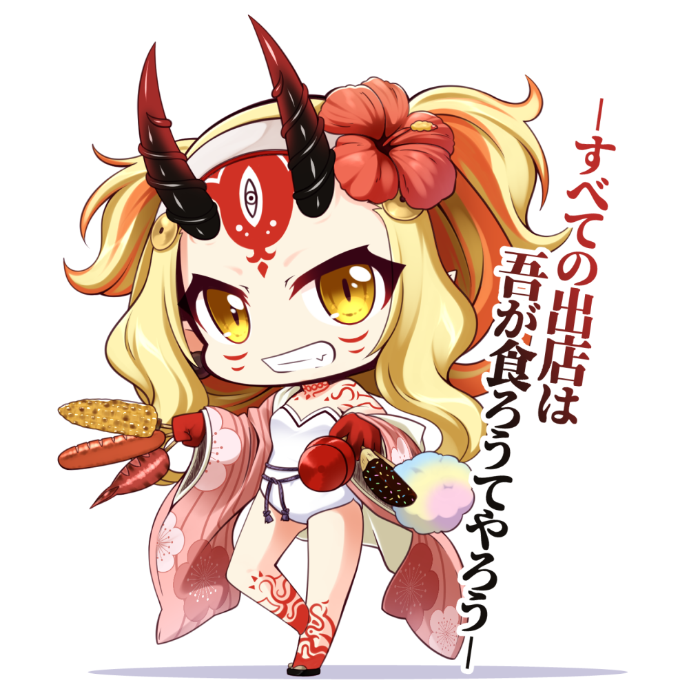 bangs bare_shoulders blonde_hair brown_eyes candy_apple chibi chocolate_banana corn cotton_candy facial_mark fang fate/grand_order fate_(series) floral_print flower food forehead_mark grin hair_flower hair_ornament holding holding_food horns ibaraki_douji_(fate/grand_order) ibaraki_douji_(swimsuit_lancer)_(fate) japanese_clothes kimono long_hair long_sleeves looking_at_viewer oni oni_horns open_clothes open_kimono parted_bangs pink_kimono print_kimono red_flower revision sausage shachoo. smile solo standing standing_on_one_leg strapless strapless_swimsuit swimsuit translation_request very_long_hair white_background white_swimsuit wide_sleeves