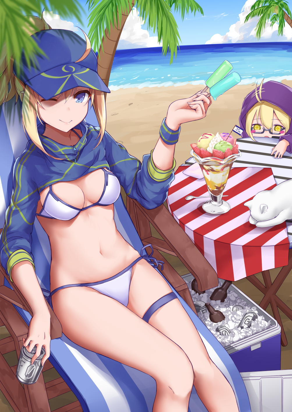 ;) afterimage ahoge ahoge_wag artoria_pendragon_(all) baseball_cap beach beer_bottle between_fingers bikini blonde_hair blue_eyes blue_hat blue_ribbon blue_sky blurry_foreground blush blush_stickers breasts can cat chair character_request cleavage closed_mouth cloud coconut_tree cooler day expressive_hair fate/grand_order fate_(series) feet_out_of_frame flag food hair_between_eyes hair_through_headwear hat highres holding holding_food hood hood_up ice ice_cream ice_cream_spoon long_sleeves looking_at_viewer lounge_chair lying medium_breasts melting motion_lines multiple_girls mysterious_heroine_x_(alter) mysterious_heroine_xx_(foreigner) navel ocean on_back one_eye_closed palm_tree ponytail popsicle ribbon sand shiunnkaku short_hair shrug_(clothing) side-tie_bikini sidelocks sky smile soda_can solo_focus spoon stomach striped sundae sweatband swimsuit table tablecloth thigh_strap tree white_bikini white_cat yellow_eyes zipper