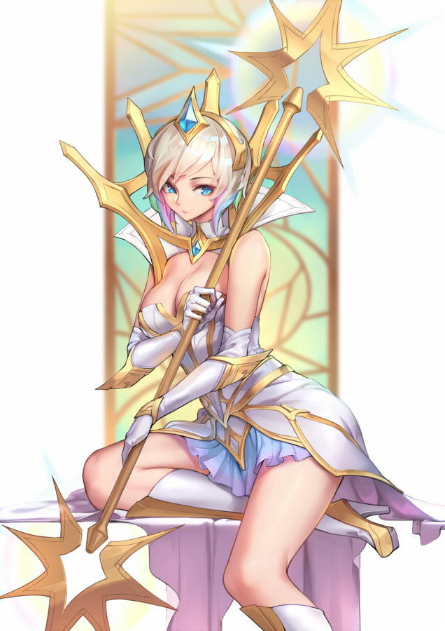 bangs bare_shoulders blonde_hair blue_eyes blue_skirt boots breasts cleavage dress elbow_gloves elementalist_lux gloves hairband high_heel_boots high_heels holding large_breasts league_of_legends light_elementalist_lux light_smile looking_at_viewer luxanna_crownguard oopartz_yang short_dress short_hair sitting skirt solo white_dress white_footwear white_gloves