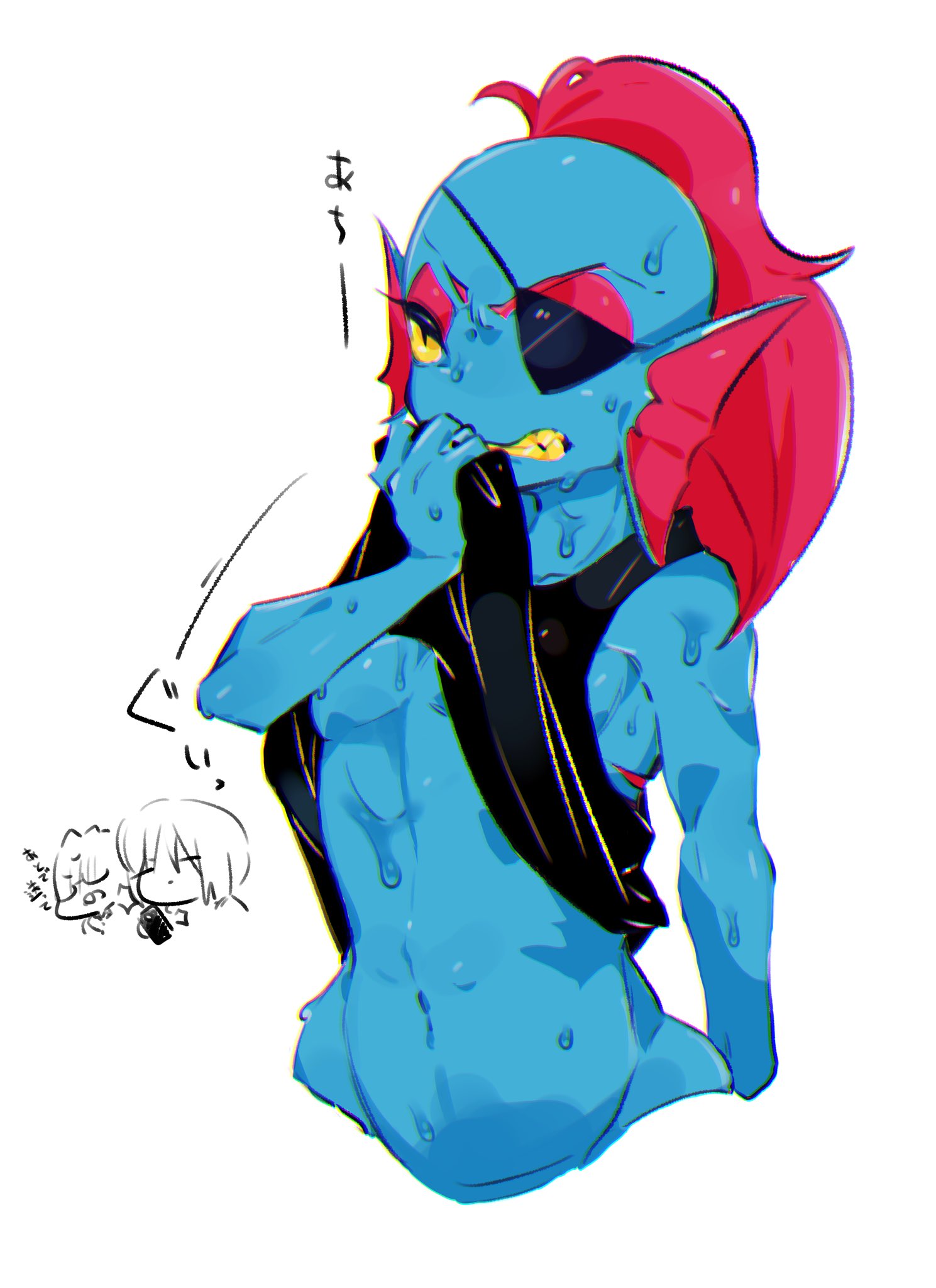 anthro blue_skin breasts clothed clothing eye_patch eyewear fangs female fish gills grin hair marine navel nuba_ball red_eyeshadow red_hair shirt simple_background smile tank_top under_boob undertale undyne video_games wet white_background yellow_eyes