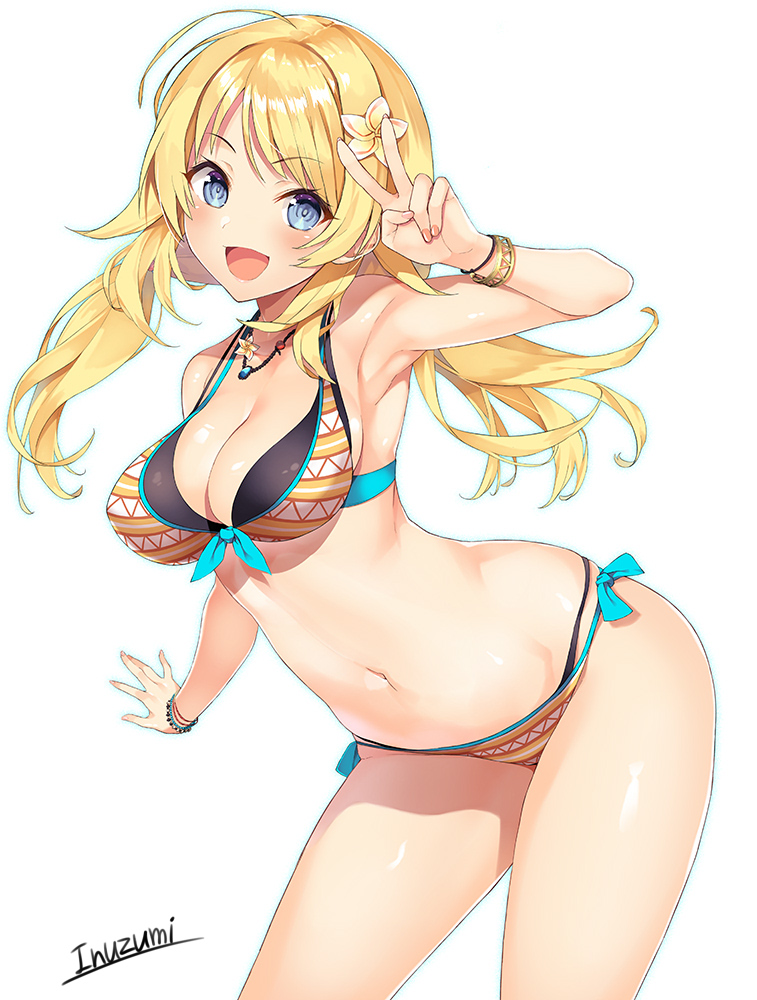 :d ahoge armpits artist_name bangs bare_shoulders bikini black_bikini blonde_hair blue_eyes blush breasts cleavage collarbone commentary_request cowboy_shot eyebrows_visible_through_hair groin hachimiya_meguru hair_between_eyes hair_ornament hairclip idolmaster idolmaster_shiny_colors inuzumi_masaki large_breasts layered_bikini leaning_forward long_hair looking_at_viewer low_twintails navel open_mouth shiny shiny_skin side-tie_bikini signature simple_background smile solo stomach swimsuit thighs twintails twitter_username v white_background