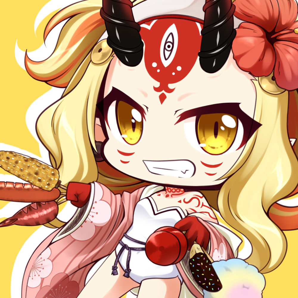 bangs bare_shoulders blonde_hair brown_eyes candy_apple chibi chocolate_banana corn cotton_candy dutch_angle facial_mark fang fate/grand_order fate_(series) floral_print flower food forehead_mark grin hair_flower hair_ornament holding holding_food horns ibaraki_douji_(fate/grand_order) ibaraki_douji_(swimsuit_lancer)_(fate) japanese_clothes kimono long_hair long_sleeves looking_at_viewer oni oni_horns open_clothes open_kimono parted_bangs pink_kimono print_kimono red_flower revision sausage shachoo. shadow smile solo strapless strapless_swimsuit swimsuit very_long_hair white_swimsuit wide_sleeves yellow_background