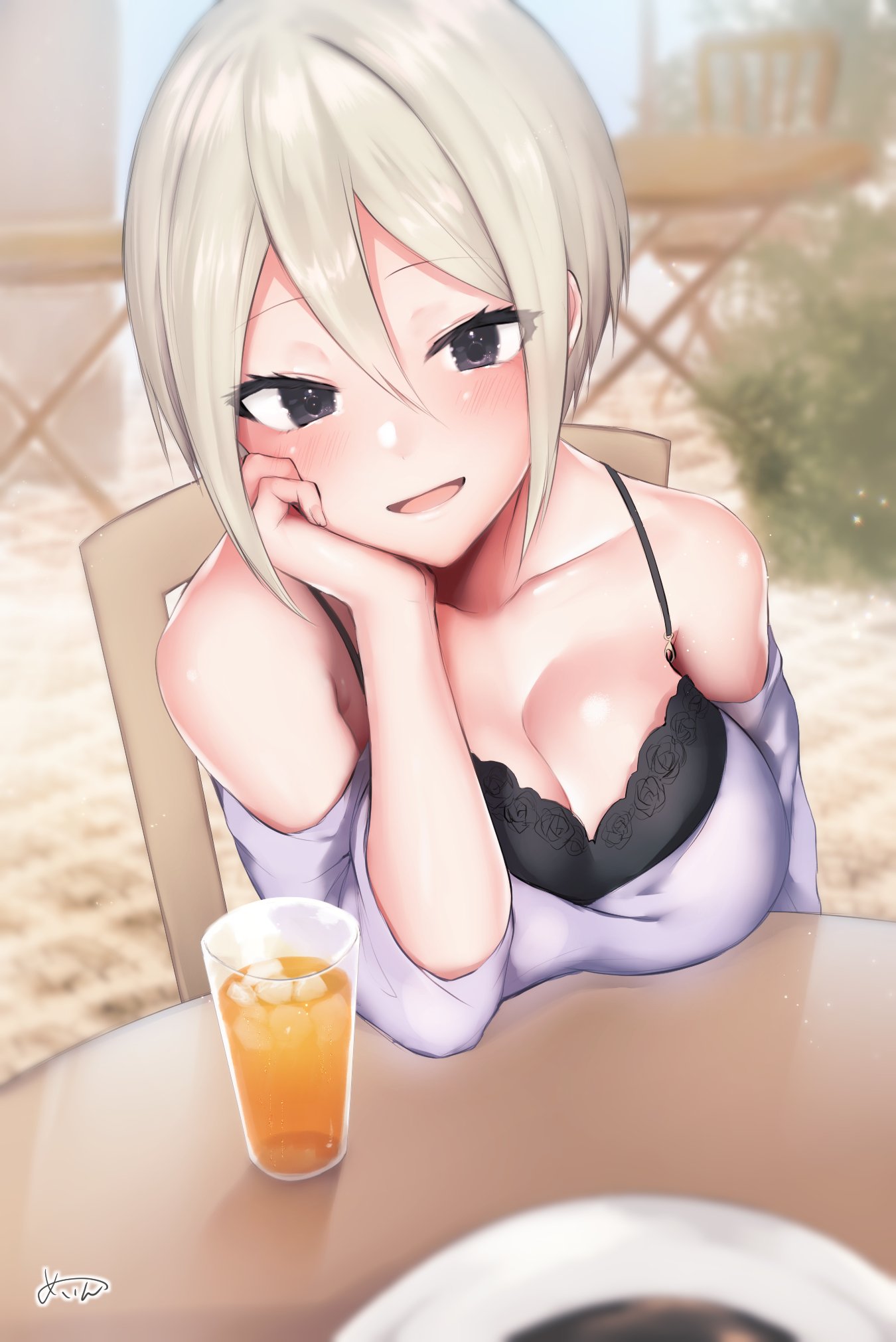 arm_at_side bangs bare_shoulders black_eyes blonde_hair blurry blush breast_rest breasts casual chair commentary_request cup depth_of_field drinking_glass drinking_straw earrings elbow_rest eyebrows_visible_through_hair floral_print glass hair_between_eyes head_tilt highres idolmaster idolmaster_cinderella_girls idolmaster_cinderella_girls_starlight_stage jewelry juice looking_at_viewer medium_breasts off-shoulder_shirt open_mouth orange_juice parted_bangs parted_lips rose_print sakiryo_kanna shiny shiny_skin shiomi_shuuko shirt short_hair signature sitting table white_shirt
