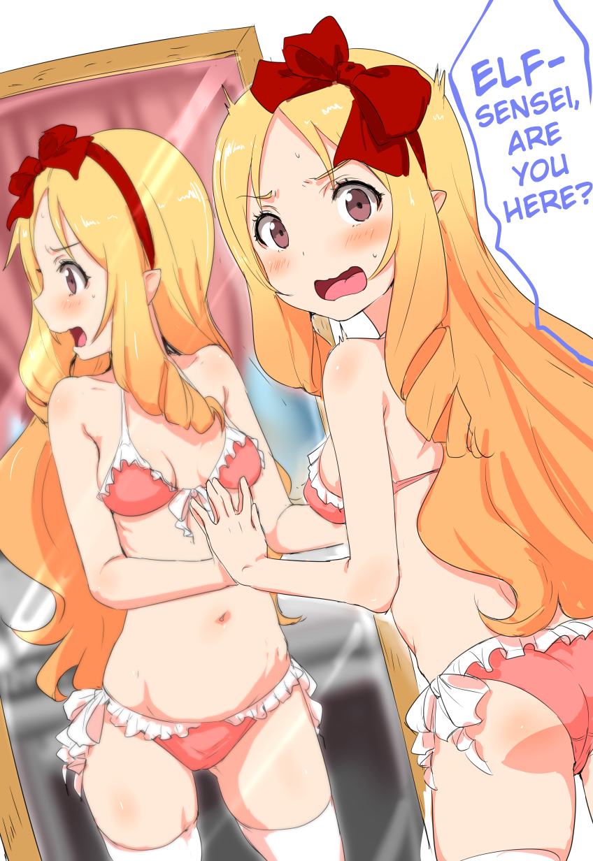 10s 1girl ass bare_arms bare_shoulders blonde_hair blurry blush bow bra breasts clearite drill_hair embarrassed eromanga_sensei frilled_panties frills from_behind front-tie_top furrowed_eyebrows hair_bow hairband hard_translated highres indoors long_hair looking_back panties pink_bra pink_panties pointy_ears profile red_bow red_eyes red_hairband reflection ribbon side-tie_panties sideboob small_breasts solo standing surprised sweat tareme text_focus thighhighs translated twin_drills underwear underwear_only very_long_hair white_legwear white_ribbon yamada_elf