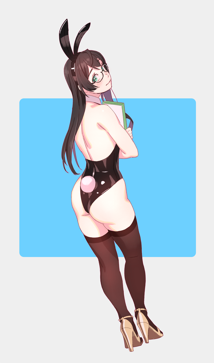 animal_ears ass black_hair black_legwear black_leotard blue_background blue_eyes bunny_ears bunny_tail bunnysuit clipboard commentary_request detached_collar fake_animal_ears from_behind full_body grey_background hairband highres kantai_collection leotard long_hair looking_at_viewer looking_back ooyodo_(kantai_collection) open_toe_shoes semi-rimless_eyewear solo standing strapless strapless_leotard tail thighhighs two-tone_background under-rim_eyewear white_footwear wrist_cuffs yuuji_(and)