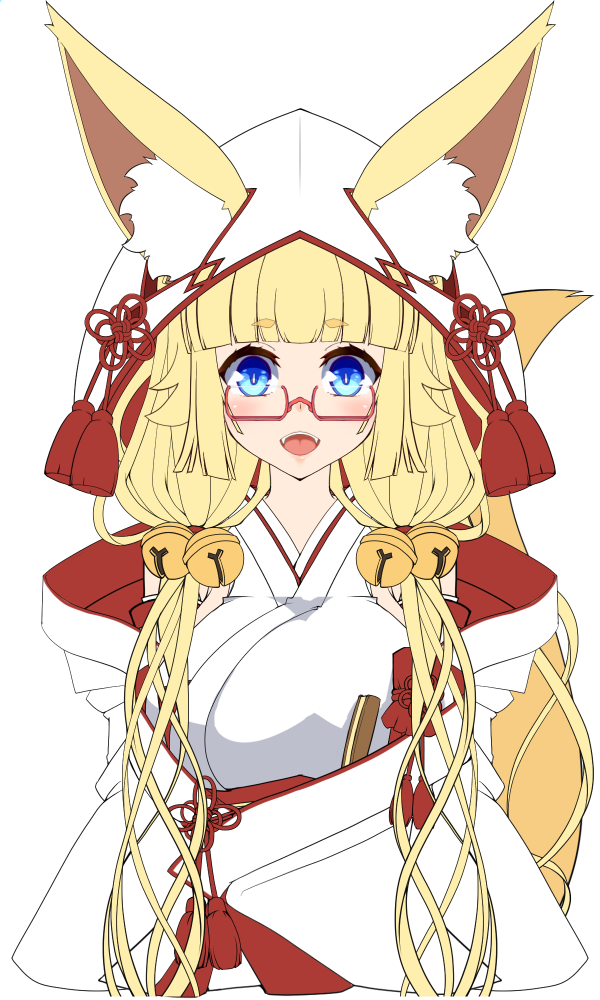 :d amino_dopple animal_ear_fluff animal_ears bangs bell blonde_hair blue_eyes blunt_bangs blush breasts ears_through_headwear eyebrows_visible_through_hair fox_ears fox_tail hair_bell hair_ornament hood hood_up jingle_bell large_breasts long_hair long_sleeves looking_at_viewer low_twintails off_shoulder open_mouth original red-framed_eyewear semi-rimless_eyewear short_eyebrows smile solo tail transparent_background twintails under-rim_eyewear upper_body
