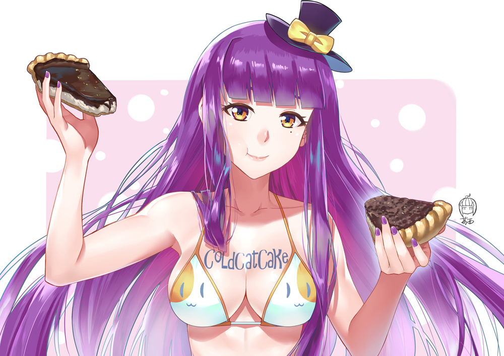 :3 :t animal_print arm_up armpits bangs bare_arms bare_shoulders bikini black_hat blunt_bangs blush bow breasts brown_eyes cake cat_print chocolate_cake cleavage closed_mouth collarbone commentary_request eating food ge_xi hat hat_bow head_tilt holding holding_food long_hair looking_at_viewer medium_breasts mini_hat mini_top_hat mole mole_under_eye nail_polish original pink_lips print_bikini purple_hair purple_nails sidelocks signature slice_of_cake smile solo straight_hair swimsuit top_hat two-tone_background upper_body very_long_hair yellow_bow