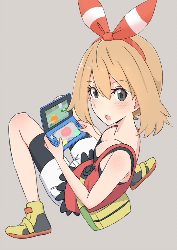 :o bag bare_shoulders bike_shorts bike_shorts_under_shorts blush breasts cleavage commentary_request flipped_hair hairband handheld_game_console haruka_(pokemon) holding_handheld_game_console light_brown_hair medium_breasts nintendo_3ds open_mouth pokemon pokemon_(game) pokemon_oras s_sasaki_09140 short_hair shorts solo